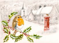 A graphite and watercolour painting of a Christmas scene
