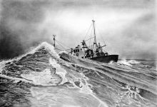 A pencil drawing of a ship in a gale