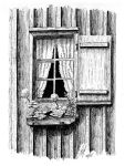 A Pen & Ink drawing of a cottage window with shutter and small window box