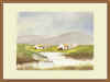 a framed watercolour painting of crofters cottages